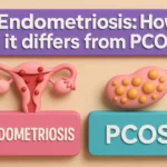 Educational graphic comparing Endometriosis and PCOS. A purple banner at the top reads 'Endometriosis: How it differs from PCOS' in white text. Below, a pink uterus with red spots illustrates Endometriosis on the left, and a pink ovary with orange cysts illustrates PCOS on the right. At the bottom, 'ENDOMETRIOSIS' is written in white on a pink box, and 'PCOS' in white on a teal box, against a light beige background.