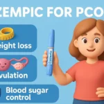 A cartoon woman holding an Ozempic pen with icons and text indicating benefits for PCOS: a measuring tape for "Weight loss," ovaries for "Ovulation," and a blood sugar monitor for "Blood sugar control.
